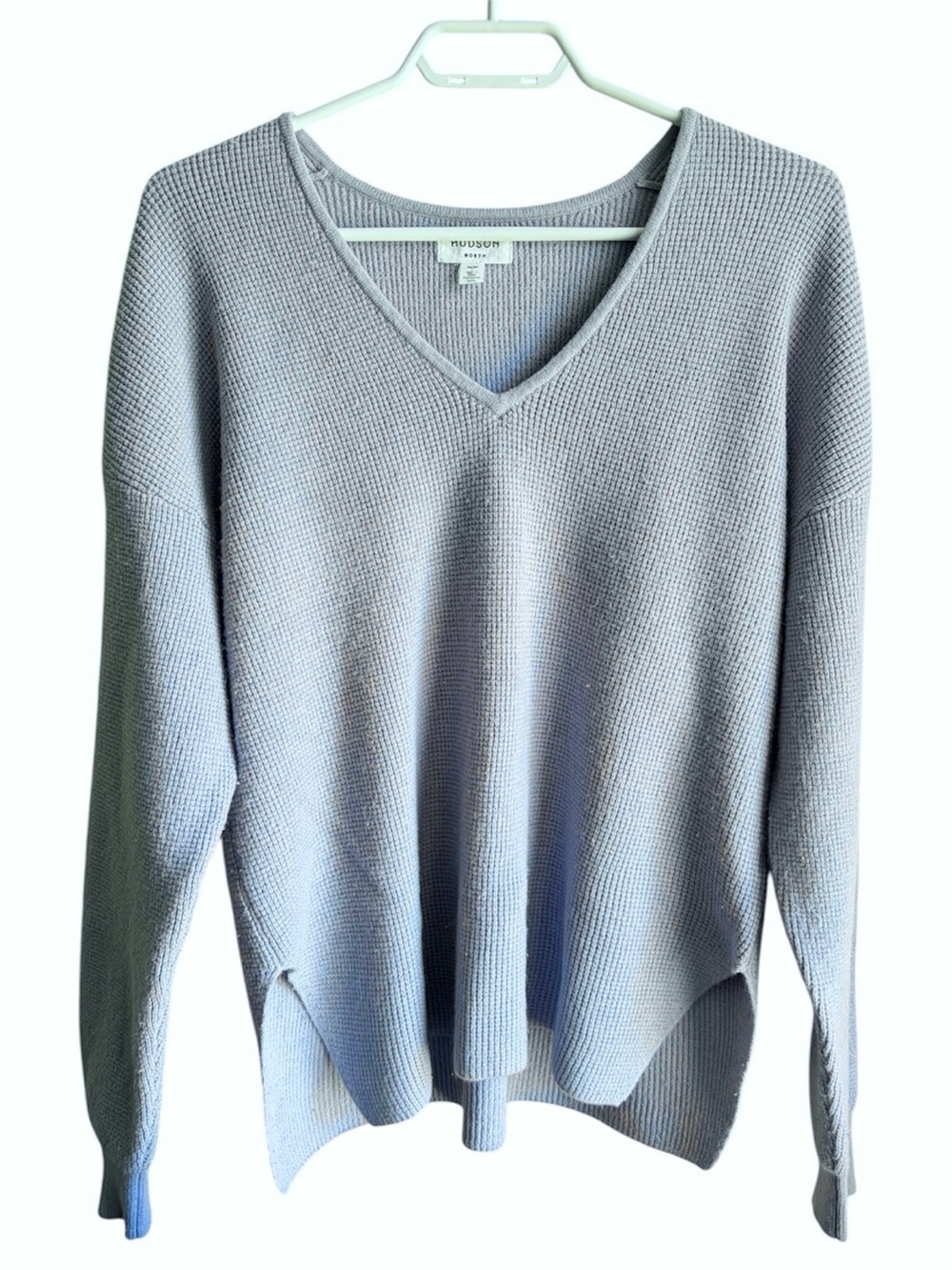 Hudson North Waffle Knit Sweater Blue V-Neck Oversized Cozy Minimalist Pullover